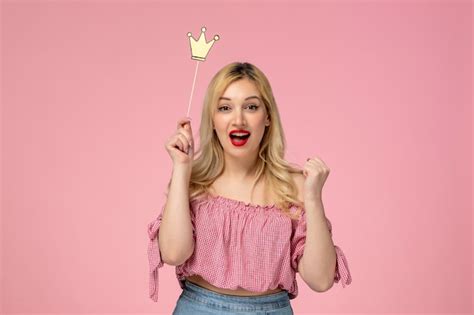 Premium Photo Cute Girl Pretty Blonde Lady Wearing Red Lipstick In Pink Blouse Excited For