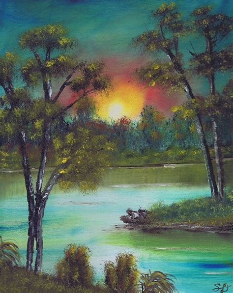 Bob Ross style Original or Print Painting Sunset Sunrise River