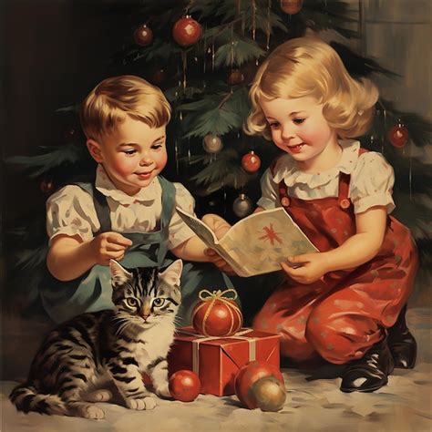 Premium Ai Image Vintage Retro Christmas Card Children And Pets Look