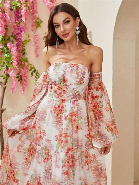 Giffniseti Floral Print Off Shoulder Lantern Sleeve Ruffle Hem Chiffon