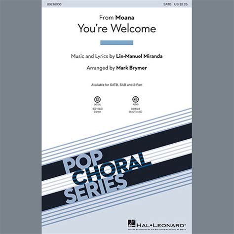 Lin Manuel Miranda You Re Welcome From Moana Arr Mark Brymer Sheet Music Pdf Notes