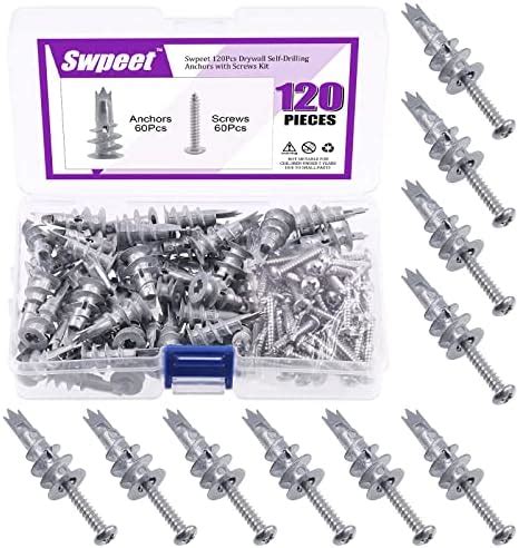 Swpeet 120Pcs Heavy Duty Zinc Self Drilling Drywall Anchors With 8 X 1