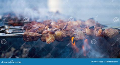 Shashlik O Shashlyk Que Se Prepara En Una Parrilla De La Barbacoa Sobre