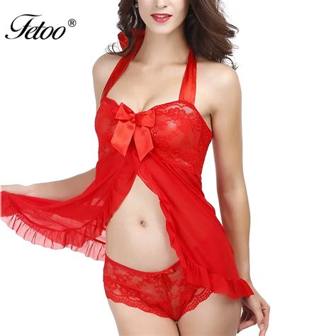 Fetoo Sexy Lingerie Set Lace Nightgown Sheer Split Halter Sleep Dress