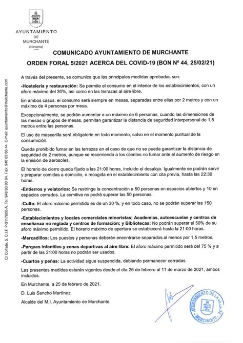 COMUNICADO AYUNTAMIENTO MURCHANTE MEDIDAS COVID 19 ORDEN FORAL 5 2021