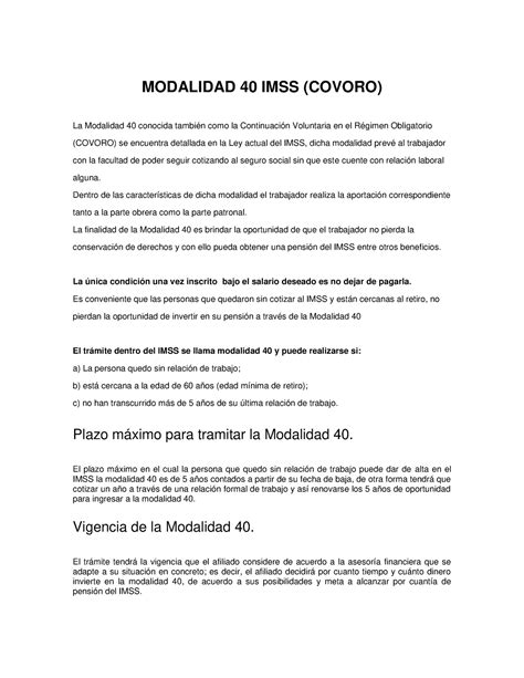 Modalidad 40 Ley Del IMSS MODALIDAD 40 IMSS COVORO La Modalidad 40