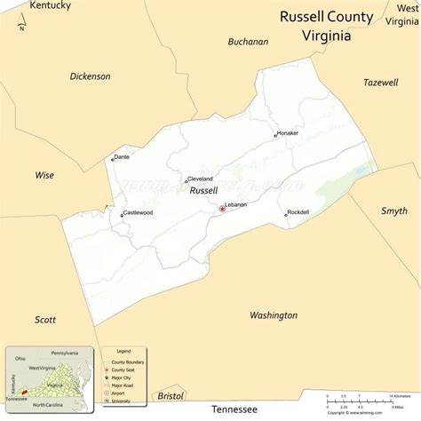 Russell County Map, Virginia - USA