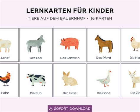 18 Lernkarten Tiere Auf Dem Bauernhof Tierkarten Kinder Zum Etsy De