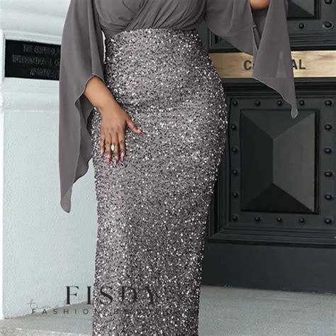 Fisdy Exquisite Plus Size Dress With Gold Sequined Patchwork V