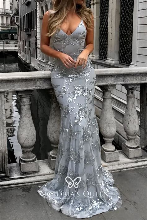 Silver Sequins Gray Mermaid Open Back Long Prom Dress Vq