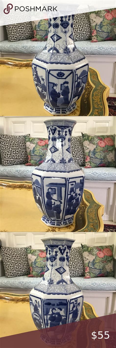 Octagonal Chinoiserie Blue And White Vase Large Blue And White Vase