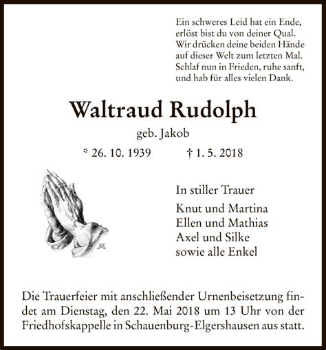 Traueranzeigen Von Waltraud Rudolph Trauer Hna De