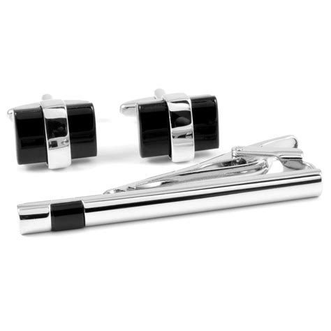 Silver Tone And Black Ambition Cufflinks And Tie Clip Set In Stock