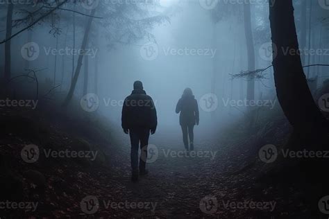 Man follows woman in dark foggy forest. . 23011185 Stock Photo at Vecteezy