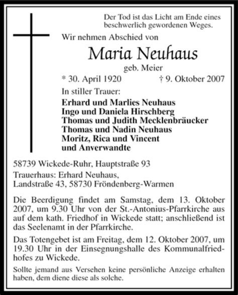 Traueranzeigen Von Maria Neuhaus Trauer In NRW De