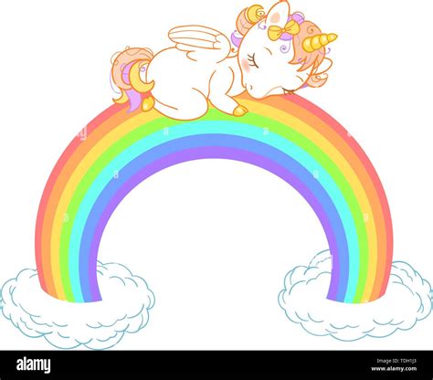 Cute Baby Unicorn Sleeping On The Rainbow With Clouds Vector