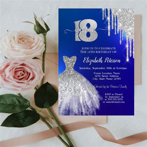 Silver Glitter Drips Dress Blue Th Birthday Invitation Zazzle