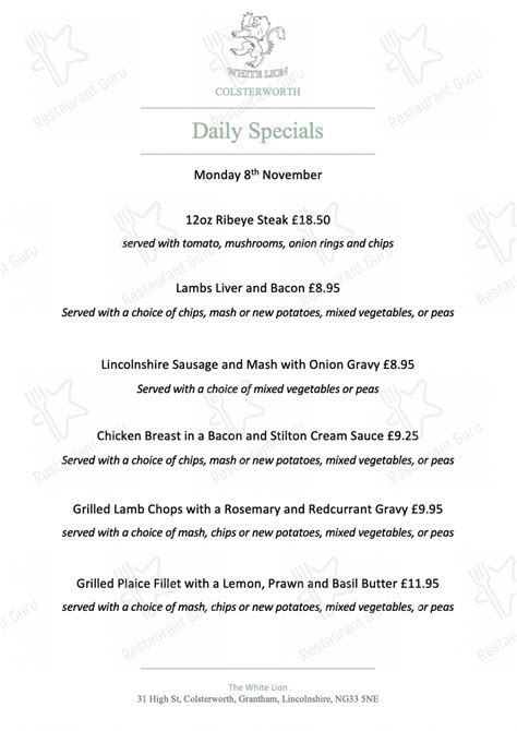 Menu at The White Lion pub & bar, Colsterworth, 31 High St