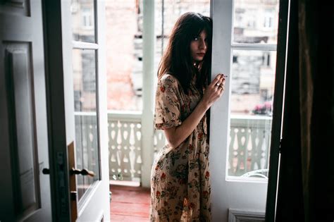 Model Black Hair Women Cigars Cigarettes Black Lingerie Face Ass Sensual Gaze Side View