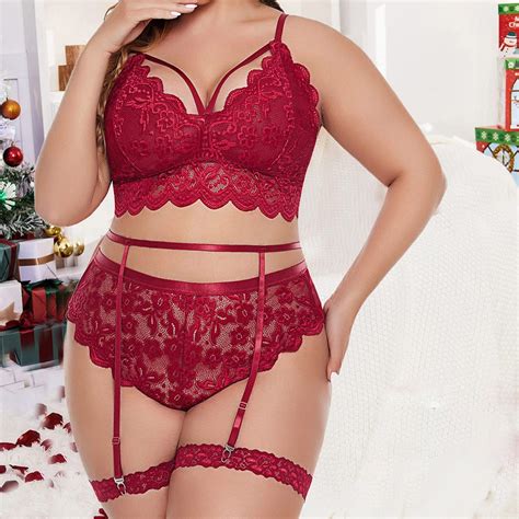 Rciityk Red Plus Size Garter Lingerie Set With Teddy Babydolsl Strappy