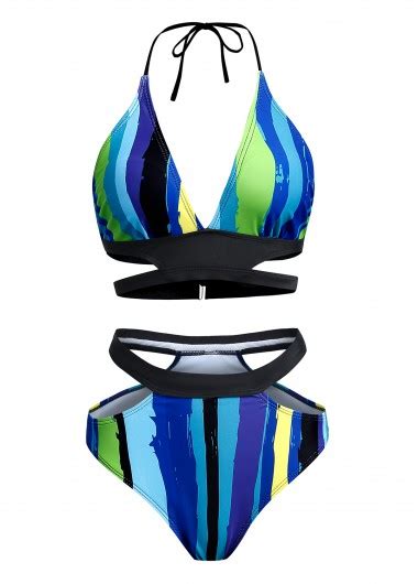 ROTITA Mid Waist Striped Halter Bikini Set Rotita USD 33 98