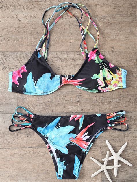 Off Strappy Floral Print Buckle Bikini Set Rosegal