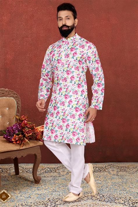 Digital Printed Cotton Kurta Set In White Ucchal Fashion