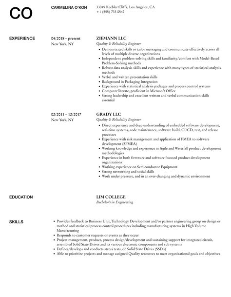 Quality Reliability Engineer Resume Samples Velvet Jobs