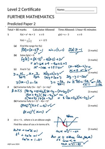 Aqa Further Maths Level 2 Predicted Paper 2 2024 Teaching Resources