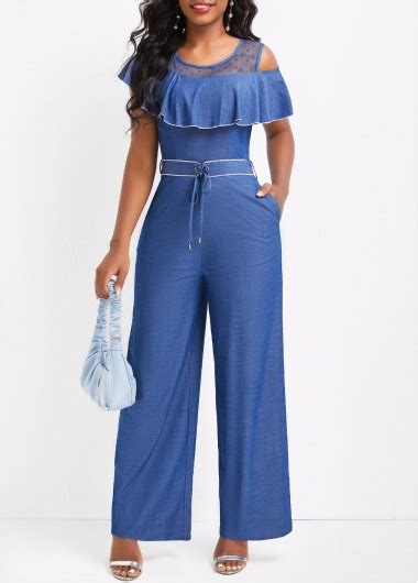 Rotita Ruffle Denim Blue Ankle Length Round Neck Jumpsuit Rotita