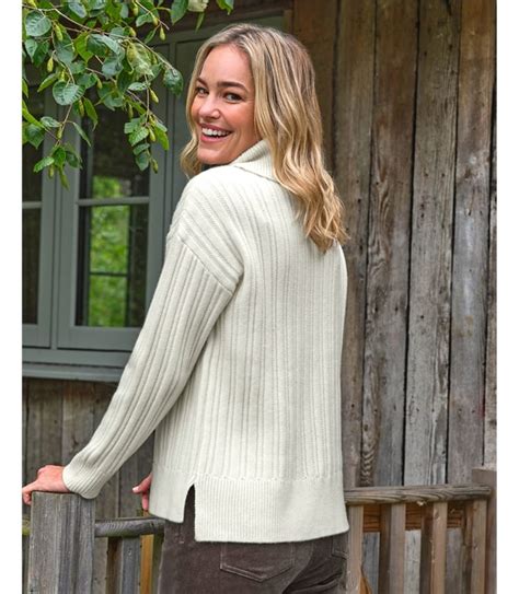 Cream Vertical Rib Roll Neck Jumper Woolovers Au