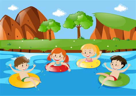 Four children swimming in the stream 368987 Vector Art at Vecteezy