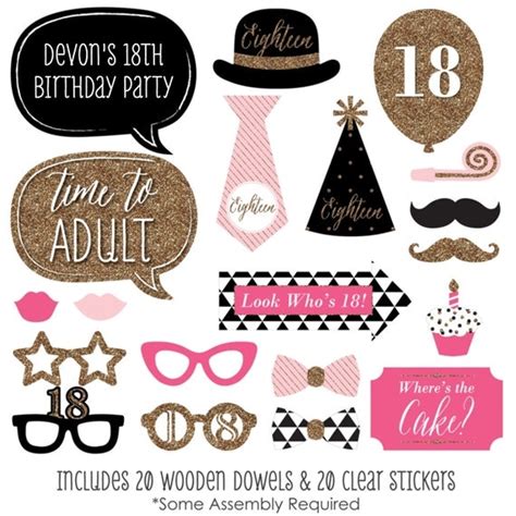 Chic 18th Birthday Pink Black And Gold Party Photo Booth Props Birthday Party Photobooth