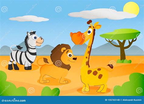 Set of Animals Zebra, Lion, Giraffe on a Background of Africa Stock ...