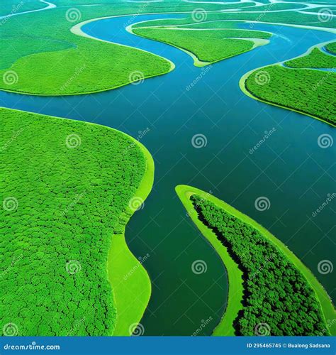 Aerial View of a River Delta with Lush Green Vegetation and Winding ...