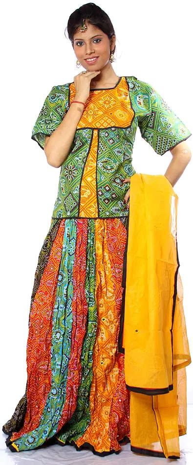 Multi Color Ghagra Choli From Rajasthan With Mirrors And Chunri Print