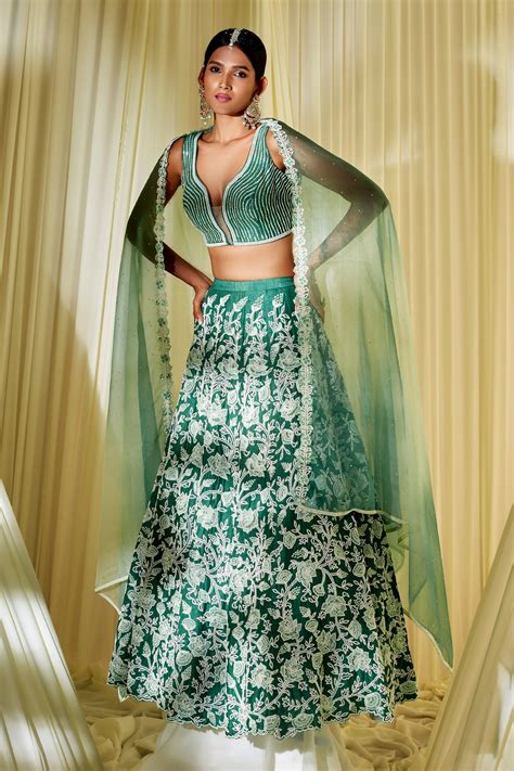 Buy Green Organza Embroidered Floral Plunge V Neck Bridal Lehenga Set