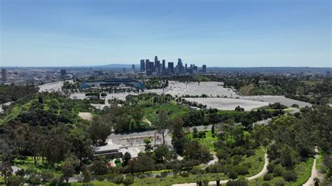 Los Angeles Downtown From Elysian Park Dodgers Stadium Aerial Shot Back