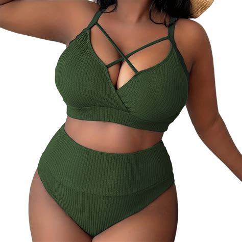 FDGIU Plus Size Bikini High Waisted Bikini Plus Size Hollow Out Swimsuit Crossed Strap