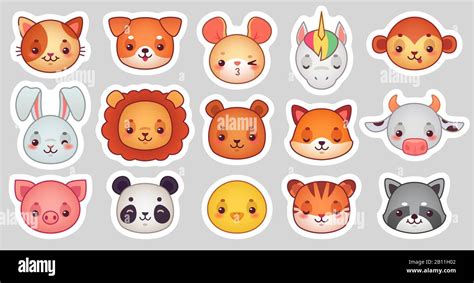 Animals face stickers. Cute animal faces, kawaii funny emoji sticker or ...