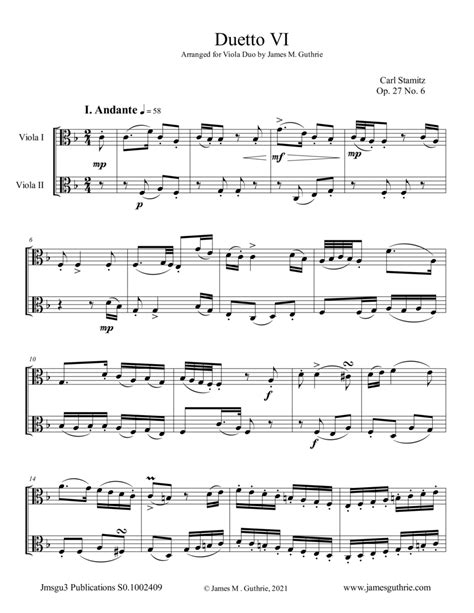 Stamitz Duet Op 27 No 6 For Viola Duo Arr James M Guthrie By