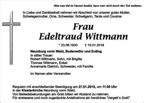 Traueranzeigen Von Edeltraud Wittmann Mittelbayerische Trauer