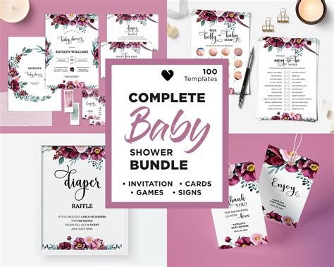 Baby In Bloom Shower Game Bundle Editable Burgundy Floral Baby Shower