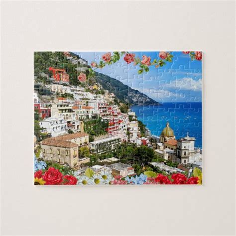 Positano Amalfi Coast Italy With Flower Foreground Jigsaw Puzzle