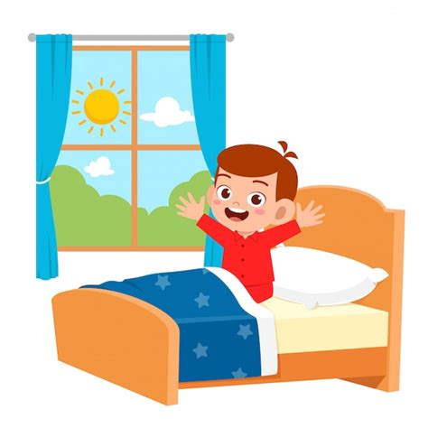 Feliz Niño Lindo Niño Despierta Por La Mañana Vector Premium