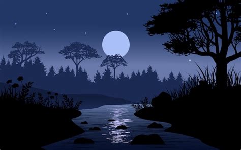 Creek En La Ilustraci N De La Noche Del Bosque Con Luna Llena Vector