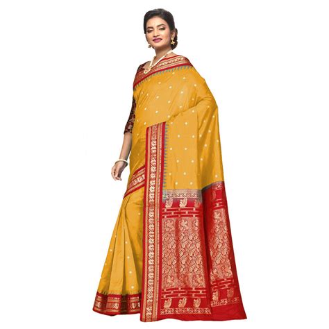 Yellow And Red Peacock Border Traditional Ilkal Pure Silk Superior