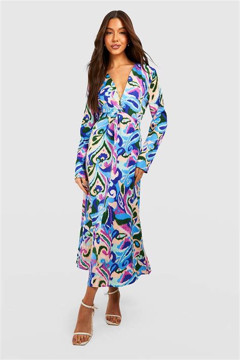 Plunge Abstract Long Sleeve Maxi Dress Boohoo Uk