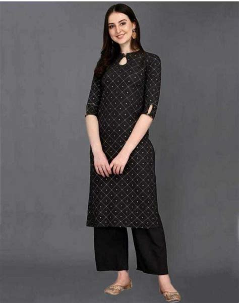 Buy The Fab Factory Women Black Embroidered Viscose Single Straight