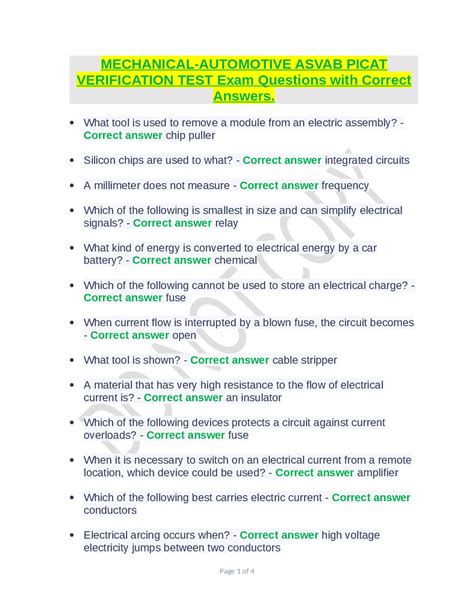 MECHANICAL AUTOMOTIVE ASVAB PICAT VERIFICATION TEST Exam Questions With